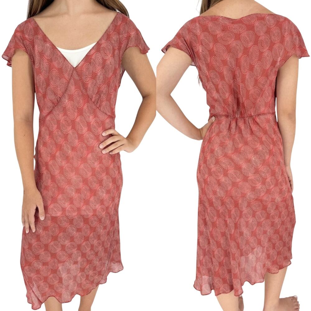 Vintage Y2K 90s Sheer Babydoll Cap Sleeve Midi Dress Officecore Fairycore Red L